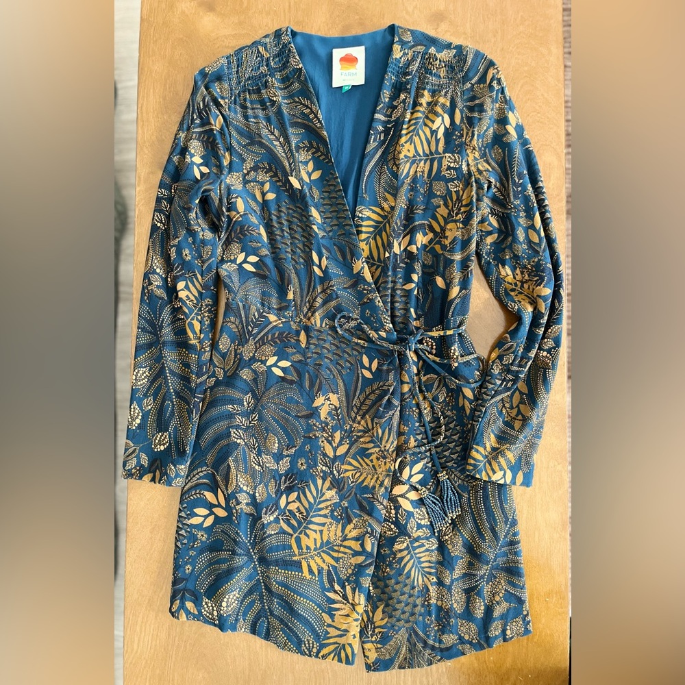 FARM Rio Deep Teal/Blue and Gold Leaf Patterned Wrap Dress | Size XS